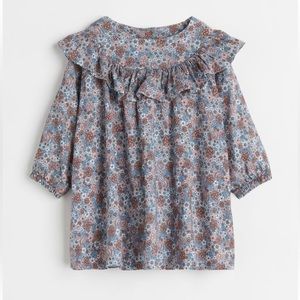 H&m Girls' Blue Floral Long Sleeve Ruffle Trimmed Dress Sz 12M